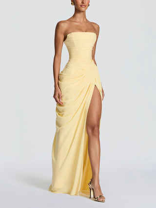 Strapless Draped High Slit Bodycon Maxi Dress