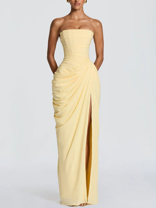 Strapless Draped High Slit Bodycon Maxi Dress