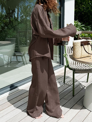 Loose Button Shirt Drawstring Wide Leg Pants Two Piece Set