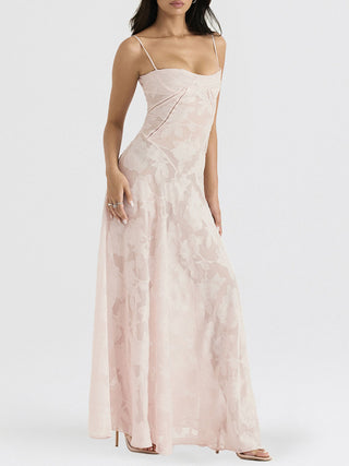 Spaghetti Strap Floral Mesh Lace‑Up Back Maxi Dress
