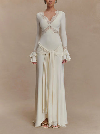 Lace V‑Neck Flare Sleeve Mermaid Maxi Dress
