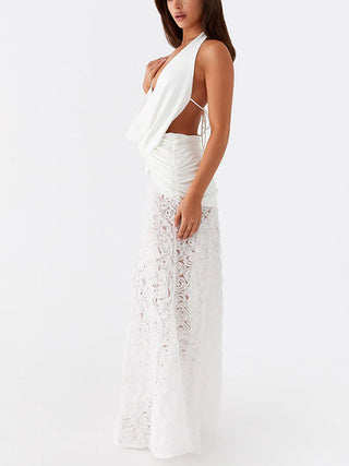 Halter Cowl Neck Floral Lace Mermaid Maxi Dress