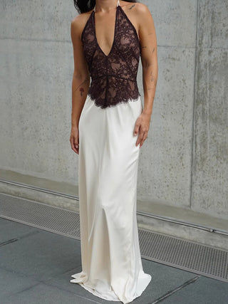 Halter Lace Spliced Floor‑Length Dress