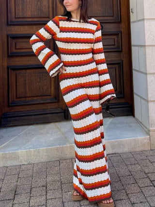 Retro Stripe Knit Long Sleeve Flare Maxi Dress