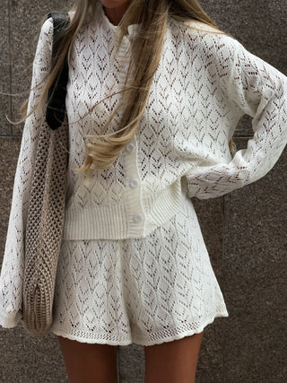 Hollow Knit Cardigan Shorts Two Piece Outfit
