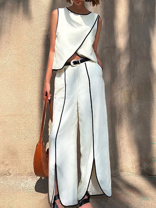 Contrast Trim Sleeveless Top Slit Pant Two Piece Set