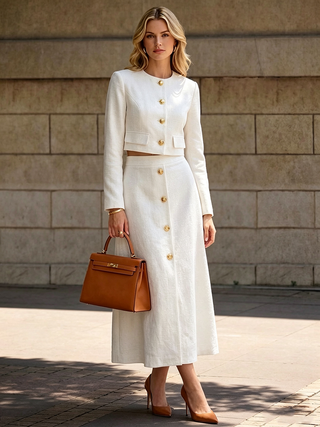 Elegant Tweed Cropped Jacket Midi Skirt Two‑Piece Set