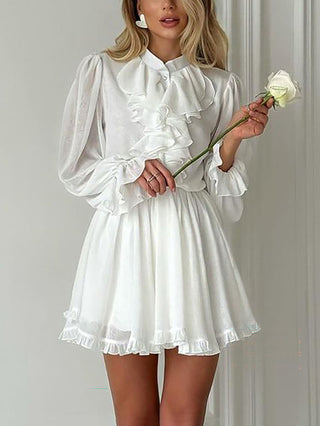 Ruffle Neck Puff Sleeve Mini Dress