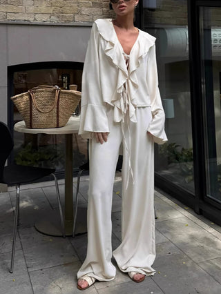 Ruffled Tie Blouse Wide Leg Pants Two Piece Set