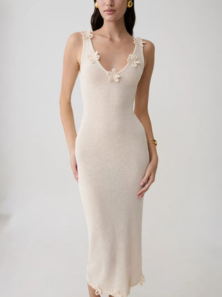 Sleeveless Floral Applique Knit Midi Dress