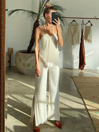 Halter Top Split Flare Pants Two Piece Set