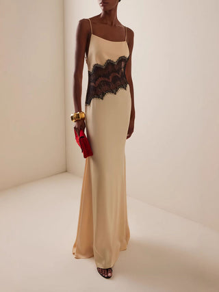 Spaghetti Strap Lace Patch Low Back Maxi Dress