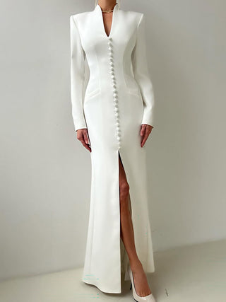 Stand Collar Button Front Slit Maxi Dress