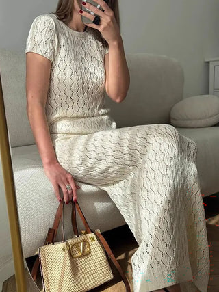 Knitted Short Sleeve Top Midi Skirt Two Piece Outfit