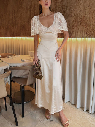 Lace Flutter Sleeve Satin Midi Slip Dress