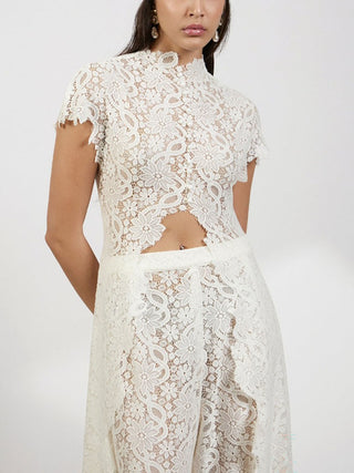 Lace Cutout Top Wide Leg Pants Set