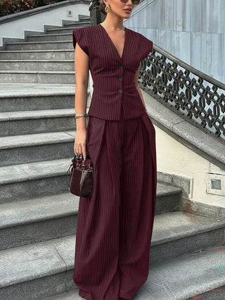 Women Striped Vest Wide Leg Pants Two Piece Outfit