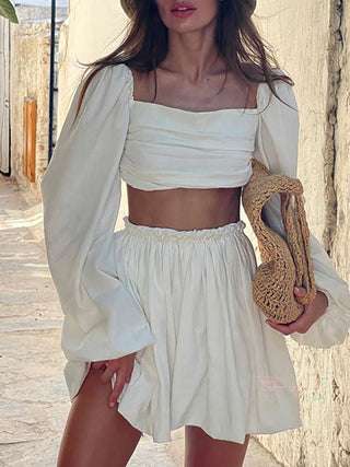 Square Neck Puff Sleeve Two Piece Skirt Set