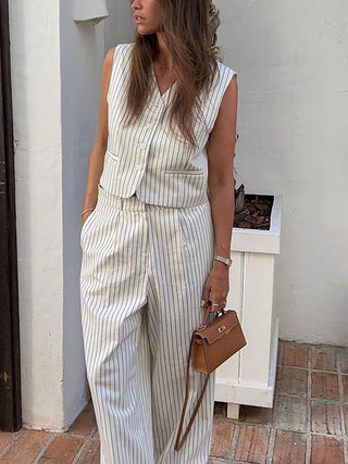 Striped V Neck Vest Wide Leg Pants Two Piece Set
