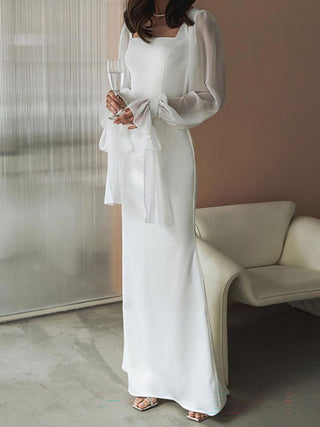 Square Neck Sheer Flare Sleeve Mermaid Maxi Dress