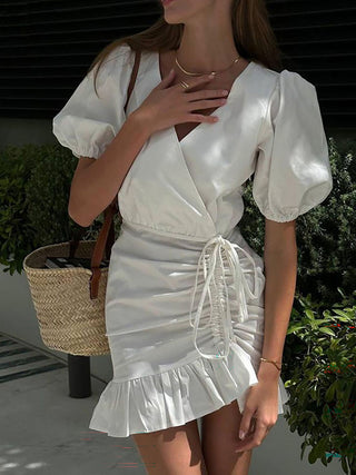 Puff Sleeve V Neck Ruched Ruffle Wrap Mini Dress