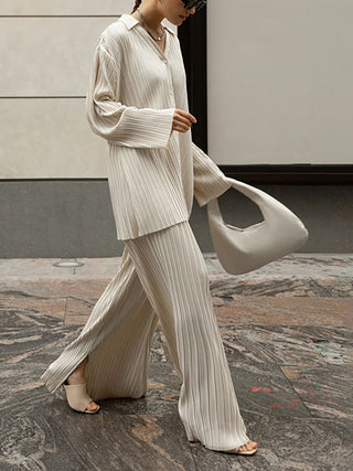 Pleated Shirt Split Wide Leg Pants Two Piece Set