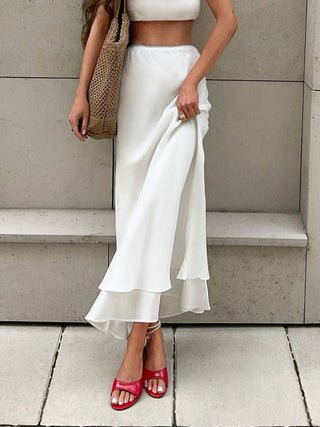 Elastic Waist Double Layer Flowy Long Skirt