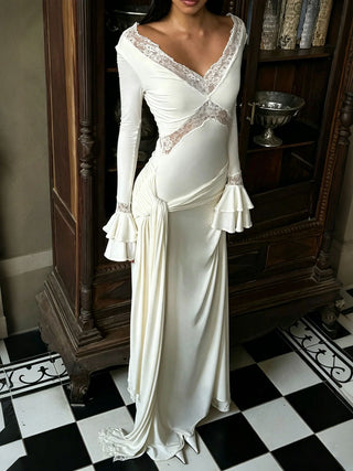 Lace V‑Neck Flare Sleeve Mermaid Maxi Dress