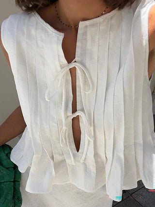 Sleeveless Pleated Lace-Up Blouse Top