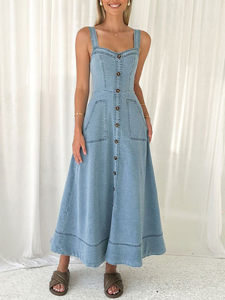 Square Neck Button Front Denim Midi Dress