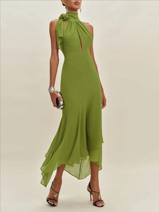 Halter Neck Cutout Bow Decor Irregular Hem Midi Evening Dress