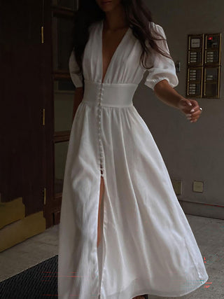 Deep V Puff Sleeve Button Front Slit Midi Dress