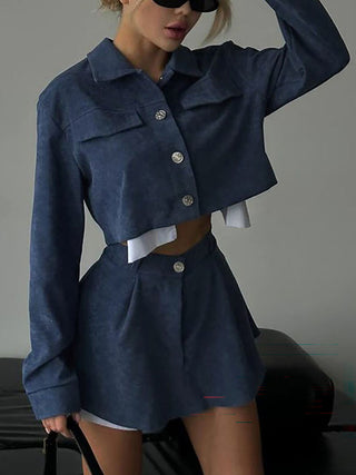 Cropped Button Jacket Mini Skirt Fashion Two Piece Outfit