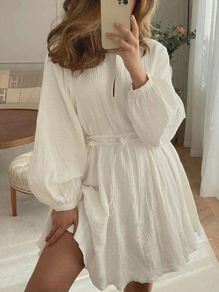 V-Neck Puff Long Sleeve Belted Casual Swing Mini Dress