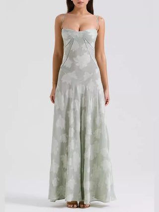 Spaghetti Strap Floral Mesh Lace‑Up Back Maxi Dress