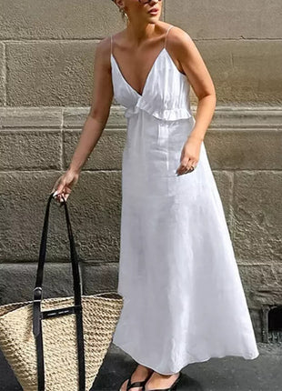 Ruffle V-neck Spaghetti Strap Flowy Midi Dress