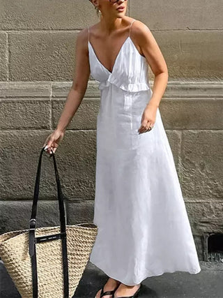Ruffle V-neck Spaghetti Strap Flowy Midi Dress