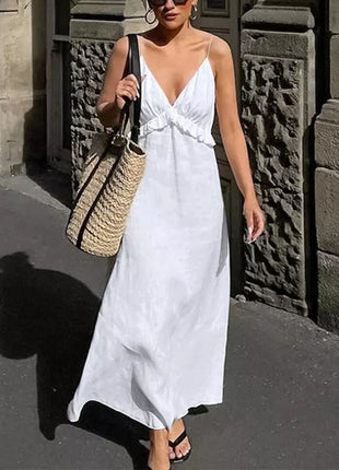 Ruffle V-neck Spaghetti Strap Flowy Midi Dress