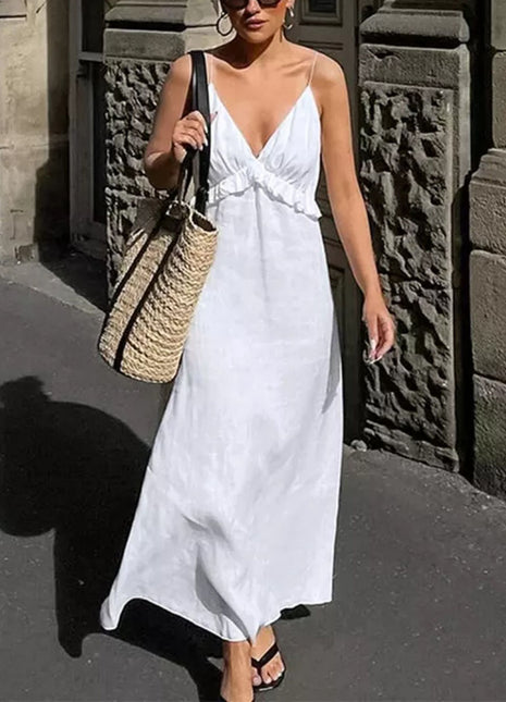 Ruffle V-neck Spaghetti Strap Flowy Midi Dress