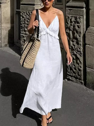 Ruffle V-neck Spaghetti Strap Flowy Midi Dress