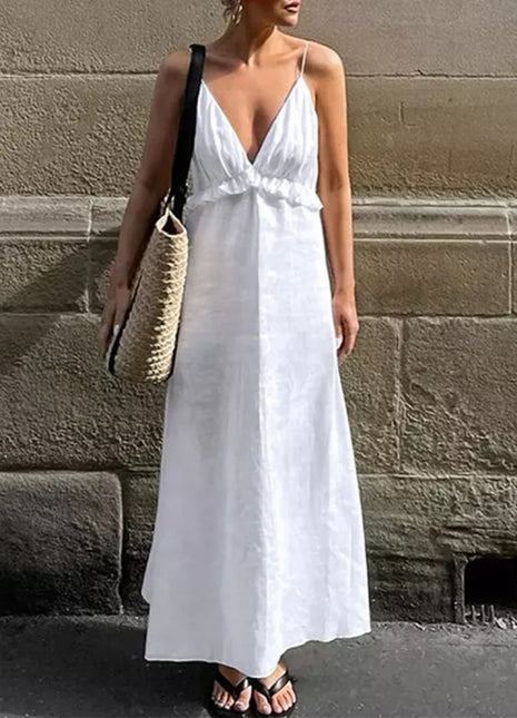 Ruffle V-neck Spaghetti Strap Flowy Midi Dress