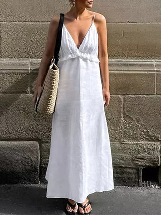 Ruffle V-neck Spaghetti Strap Flowy Midi Dress