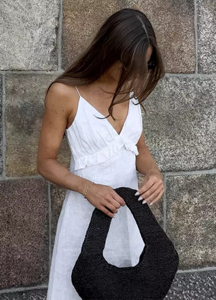 Ruffle V-neck Spaghetti Strap Flowy Midi Dress