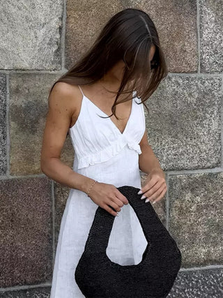 Ruffle V-neck Spaghetti Strap Flowy Midi Dress