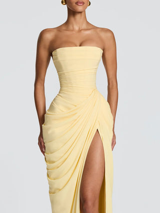 Strapless Draped High Slit Bodycon Maxi Dress