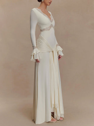 Lace V‑Neck Flare Sleeve Mermaid Maxi Dress