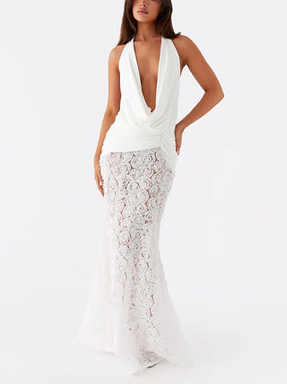 Halter Cowl Neck Floral Lace Mermaid Maxi Dress