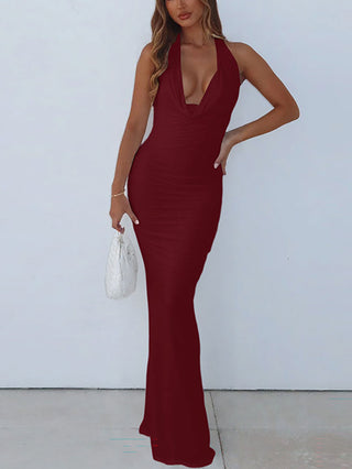 Sexy Halter Cowl Neck Mermaid Evening Party Maxi Dress