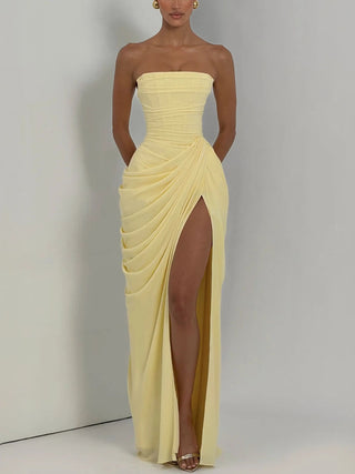 Strapless Draped High Slit Bodycon Maxi Dress