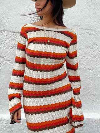 Retro Stripe Knit Long Sleeve Flare Maxi Dress